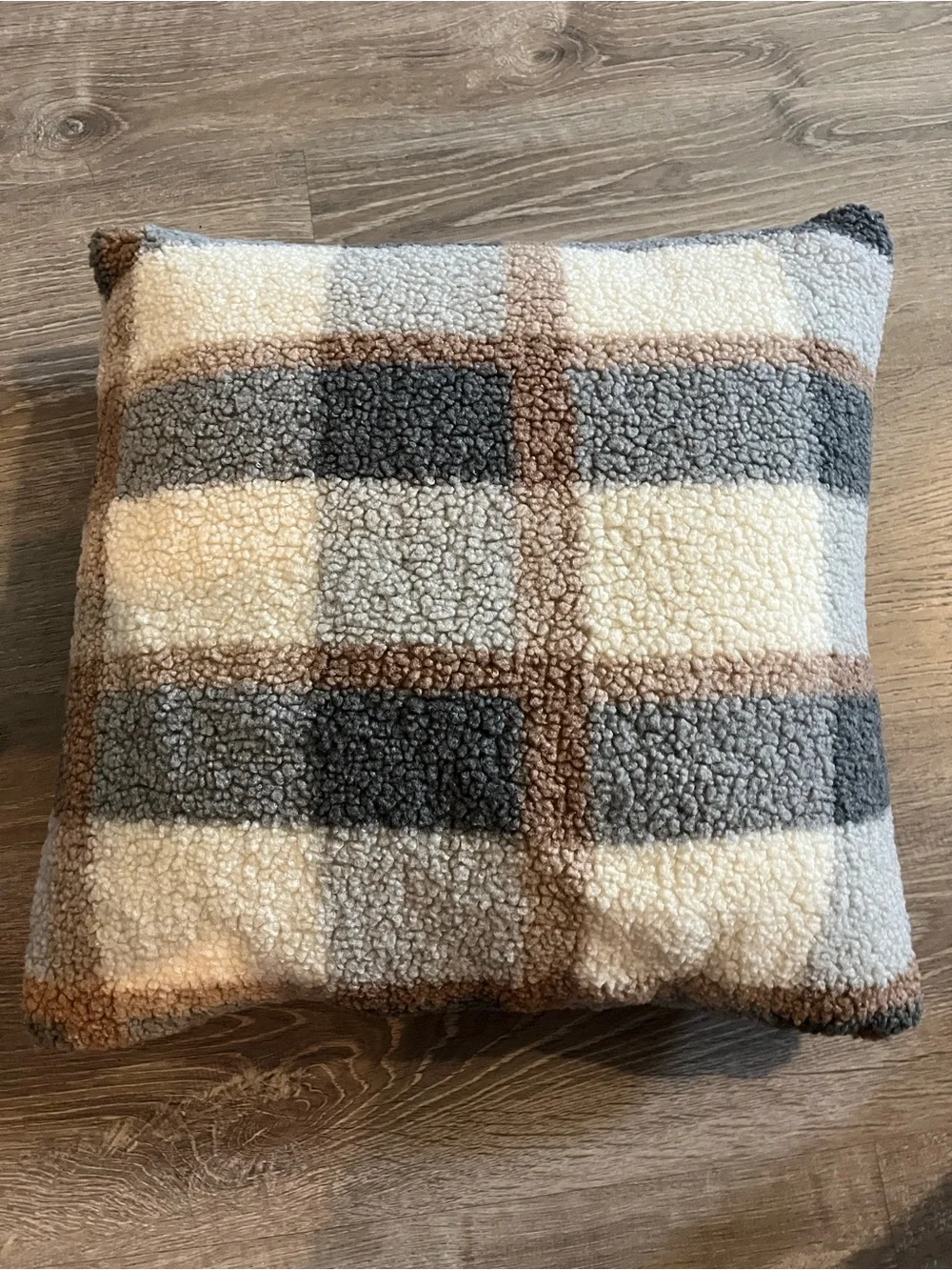 Plaid Sherpa Accent Pillow in Cream, Gray & Brown